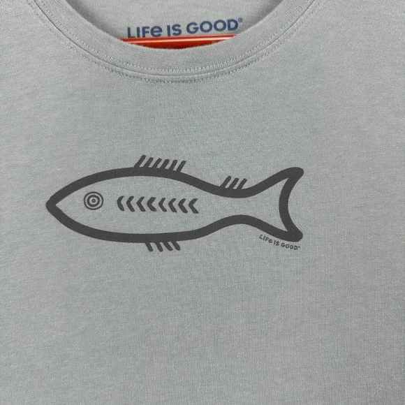 Life Is Good Men Fishing T-Shirt Large Gray Fish Print Crewneck Short Sleeve Tee